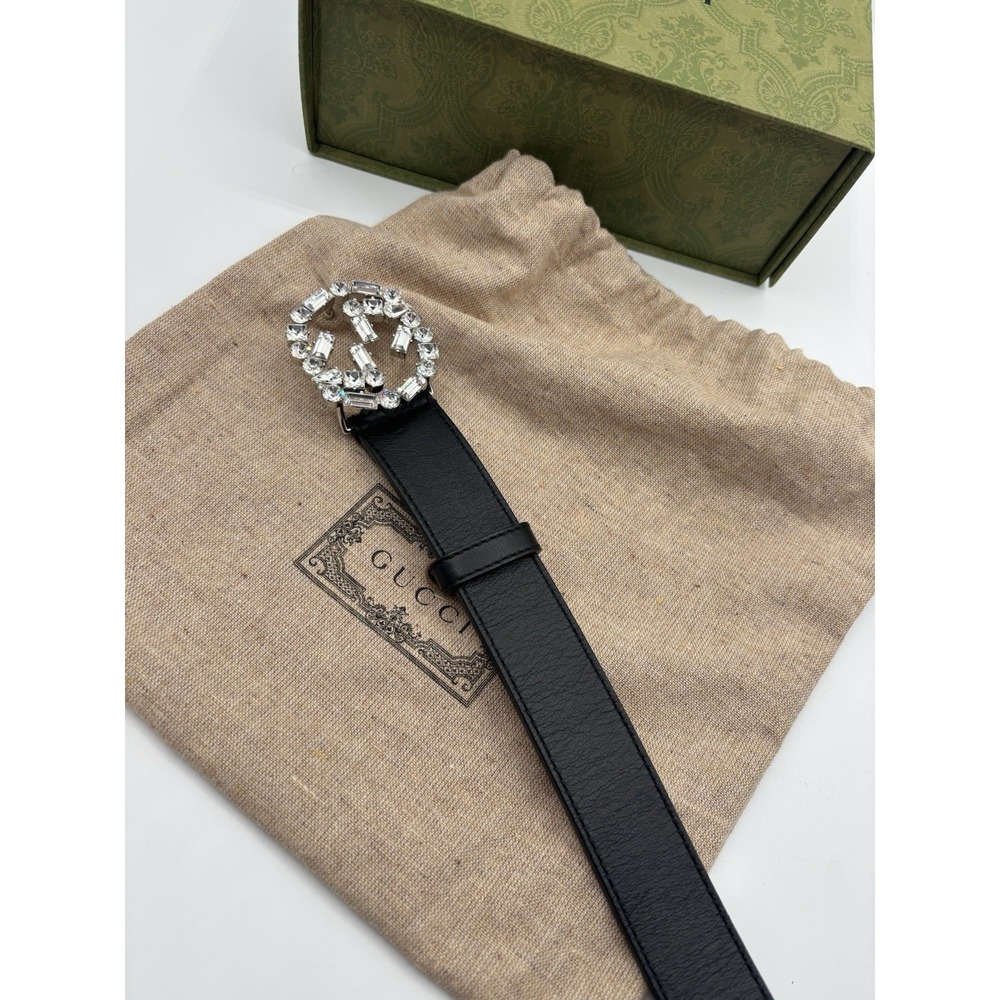 Gucci‎ Authentic Crystal Interlocking G Black Leather Logo Belt 85.34 Made Italy - Picture 8 of 10